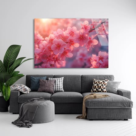 Pembe Kiraz Çiçeği Cam Tablo 50x35 cm
