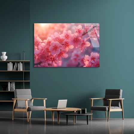 Pembe Kiraz Çiçeği Cam Tablo 50x35 cm
