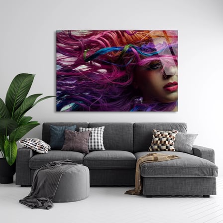 Renkli Saçlı Kadın Cam Tablo 50x35 cm