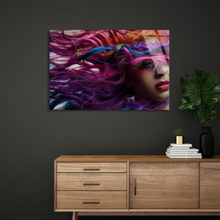Renkli Saçlı Kadın Cam Tablo 50x35 cm