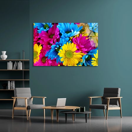 Renkli Papatyalar Cam Tablo 50x35 cm