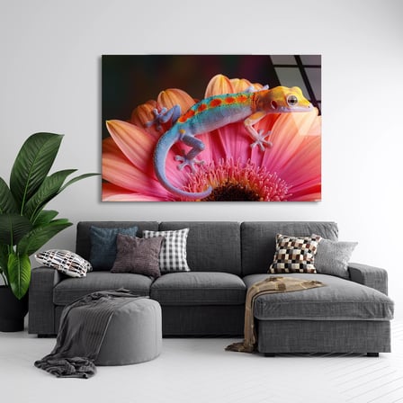 Çiçekte Kertenkele Cam Tablo 50x35 cm