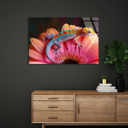 Çiçekte Kertenkele Cam Tablo 50x35 cm