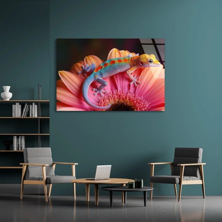 Çiçekte Kertenkele Cam Tablo 50x35 cm