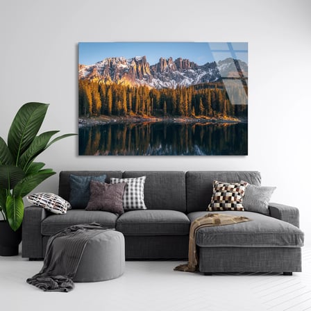 Sonbahar Göl Ormanı Cam Tablo 50x35 cm