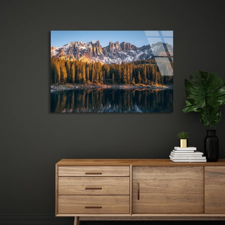 Sonbahar Göl Ormanı Cam Tablo 50x35 cm