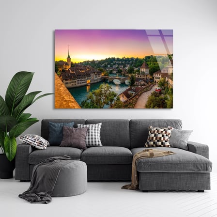 İsviçre Kasabası Cam Tablo 50x35 cm