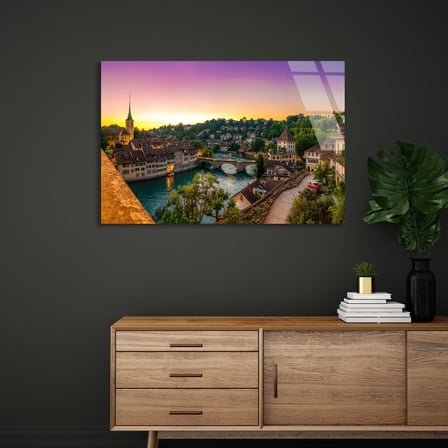 İsviçre Kasabası Cam Tablo 50x35 cm