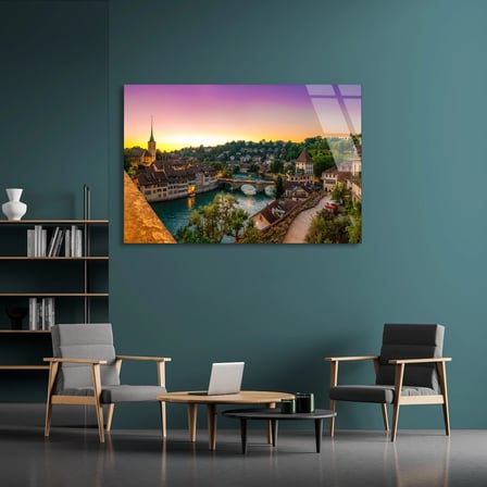 İsviçre Kasabası Cam Tablo 50x35 cm