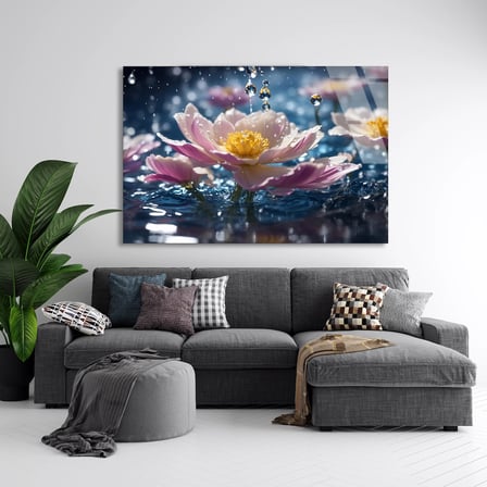 Su Damlalı Çiçek Cam Tablo 50x35 cm