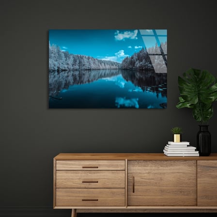 Kış Göl Manzarası Cam Tablo 50x35 cm