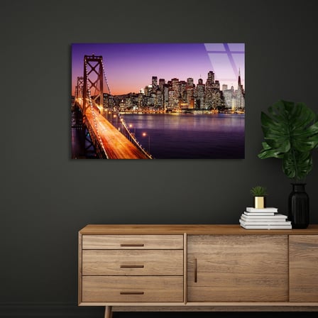 Şehir Köprüsü Gece Cam Tablo 50x35 cm