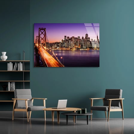 Şehir Köprüsü Gece Cam Tablo 50x35 cm