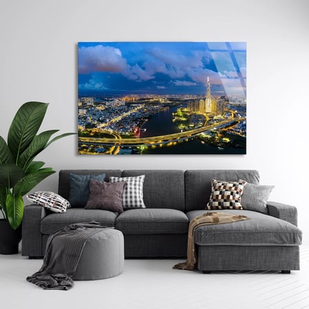 Gece Şehir Manzarası Cam Tablo 50x35 cm