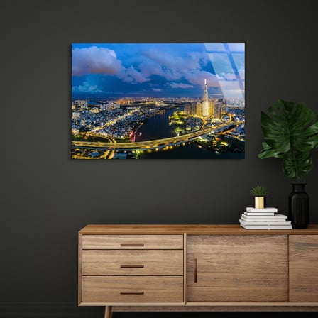 Gece Şehir Manzarası Cam Tablo 50x35 cm