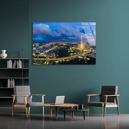 Gece Şehir Manzarası Cam Tablo 50x35 cm