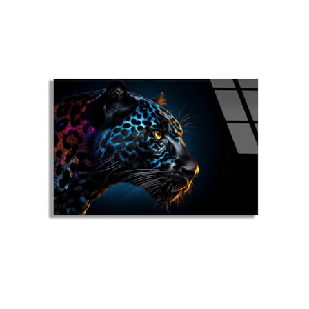 Neon Leopar Başı Cam Tablo 50x35 cm