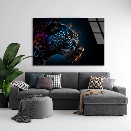 Neon Leopar Başı Cam Tablo 50x35 cm
