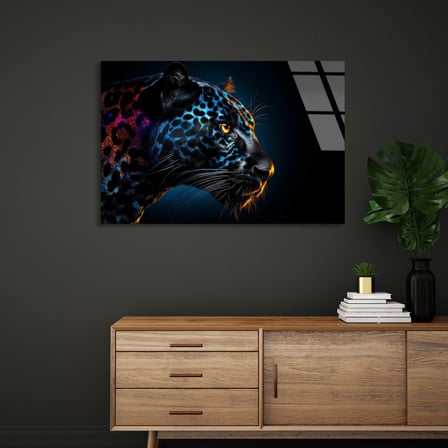 Neon Leopar Başı Cam Tablo 50x35 cm