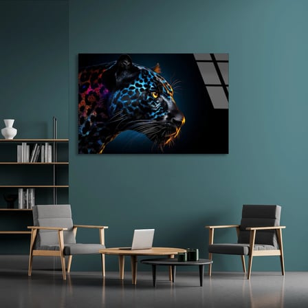 Neon Leopar Başı Cam Tablo 50x35 cm