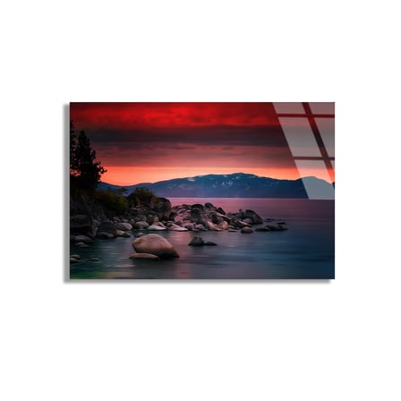 Göl Gün Batımı Kayalar Cam Tablo 50x35 cm