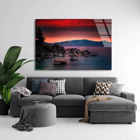 Göl Gün Batımı Kayalar Cam Tablo 50x35 cm