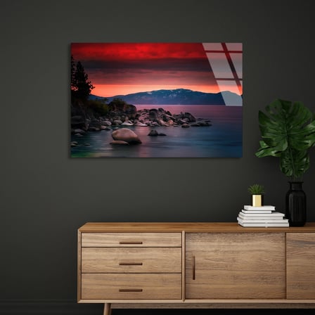 Göl Gün Batımı Kayalar Cam Tablo 50x35 cm