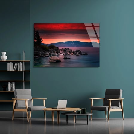 Göl Gün Batımı Kayalar Cam Tablo 50x35 cm