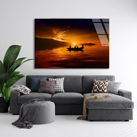 Gün Batımında Tekne Cam Tablo 50x35 cm