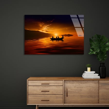 Gün Batımında Tekne Cam Tablo 50x35 cm
