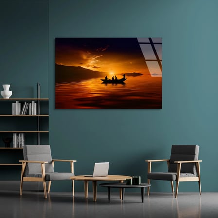 Gün Batımında Tekne Cam Tablo 50x35 cm