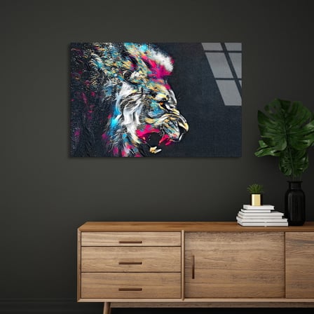 Renkli Aslan Başı Cam Tablo 50x35 cm