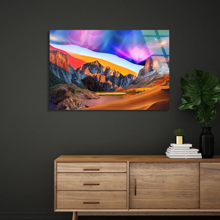 Dağlarda Kuzey Işıkları Cam Tablo 50x35 cm