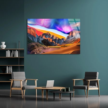 Dağlarda Kuzey Işıkları Cam Tablo 50x35 cm