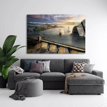 Nehir Vadisi Ve Gemi Cam Tablo 50x35 cm