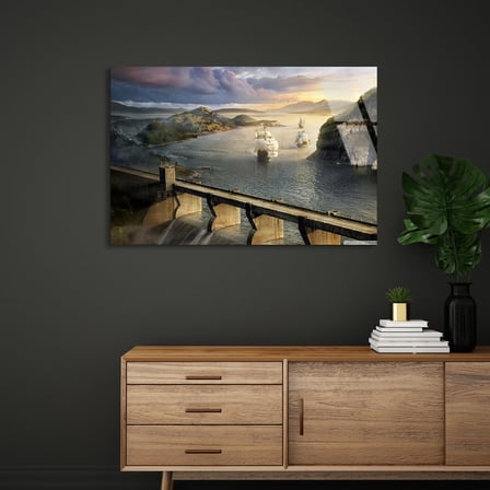 Nehir Vadisi Ve Gemi Cam Tablo 50x35 cm