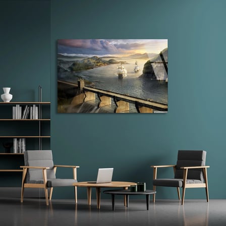 Nehir Vadisi Ve Gemi Cam Tablo 50x35 cm