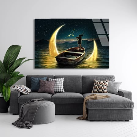 Ay Teknesi Hayal Cam Tablo 50x35 cm