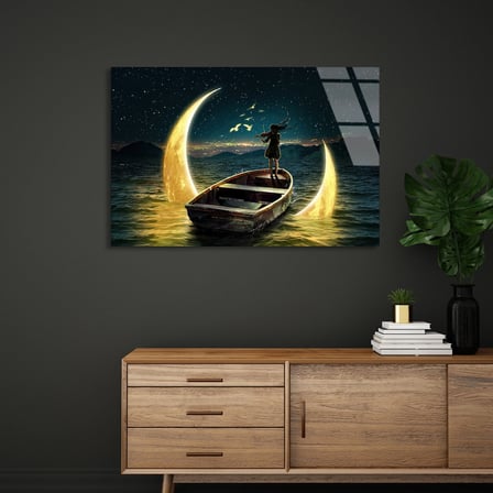 Ay Teknesi Hayal Cam Tablo 50x35 cm