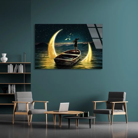 Ay Teknesi Hayal Cam Tablo 50x35 cm