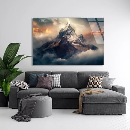 Bulutlu Dağ Zirvesi Cam Tablo 50x35 cm