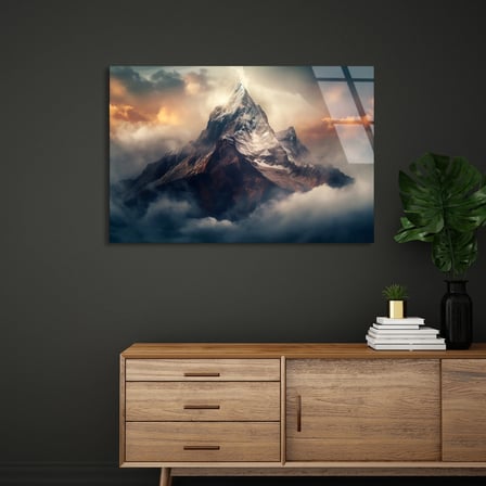 Bulutlu Dağ Zirvesi Cam Tablo 50x35 cm