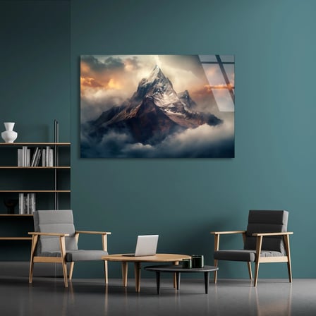 Bulutlu Dağ Zirvesi Cam Tablo 50x35 cm
