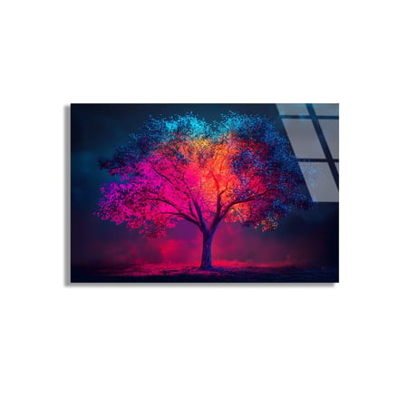 Renkli Işıklı Ağaç Cam Tablo 50x35 cm