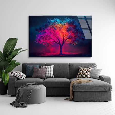 Renkli Işıklı Ağaç Cam Tablo 50x35 cm