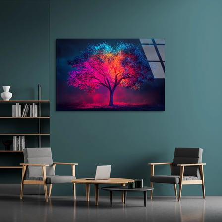 Renkli Işıklı Ağaç Cam Tablo 50x35 cm