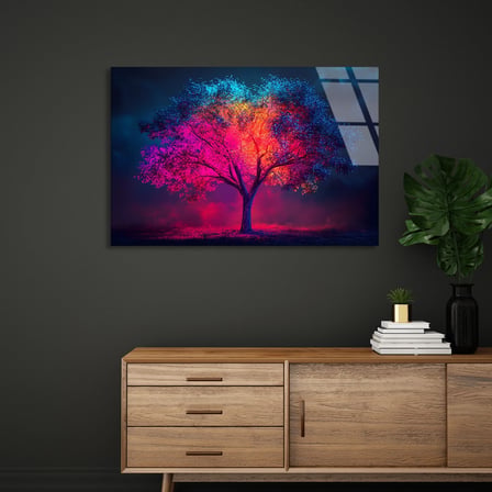 Renkli Işıklı Ağaç Cam Tablo 70x50 cm