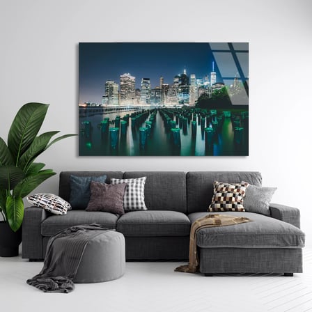 New York Gece Silüeti Cam Tablo 50x35 cm
