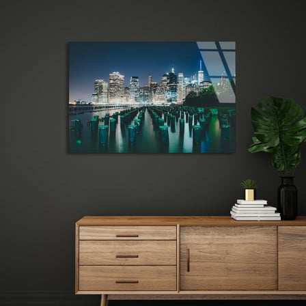 New York Gece Silüeti Cam Tablo 50x35 cm