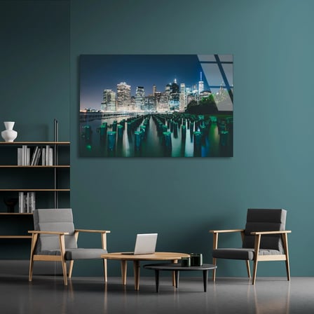 New York Gece Silüeti Cam Tablo 50x35 cm